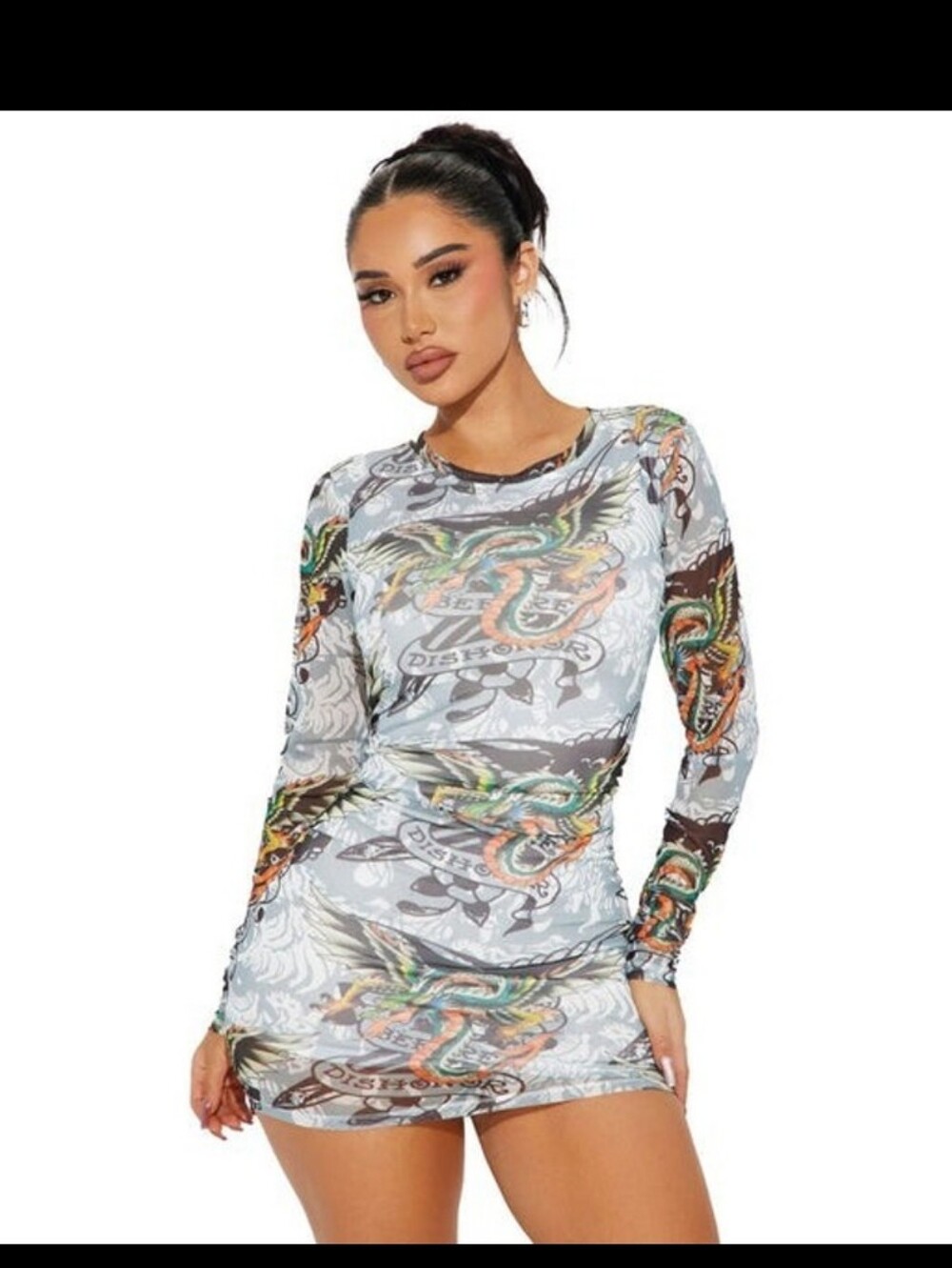 Brand New Ed Hardy Womens Y2K Designer Dragon Wings Mesh Mini Dress Large NWT